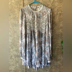 Free People sz M Sweet Thing Paisley tunic dress Beige Blue Cream Lace Boho